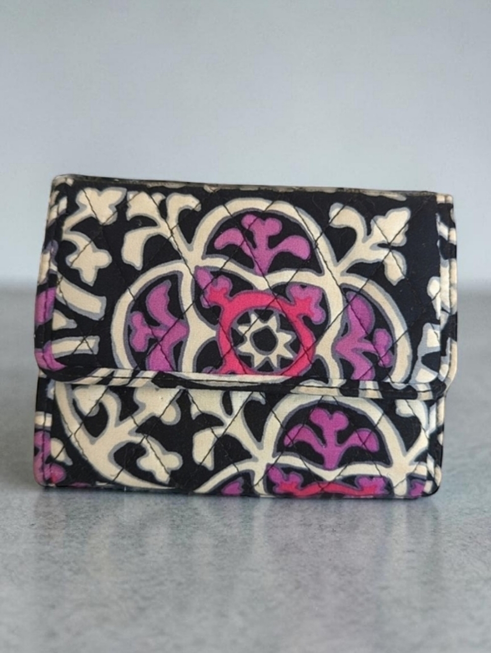 Vera Bradley Scroll Medallion Trifold Quilted Black Pink Euro Wallet Floral